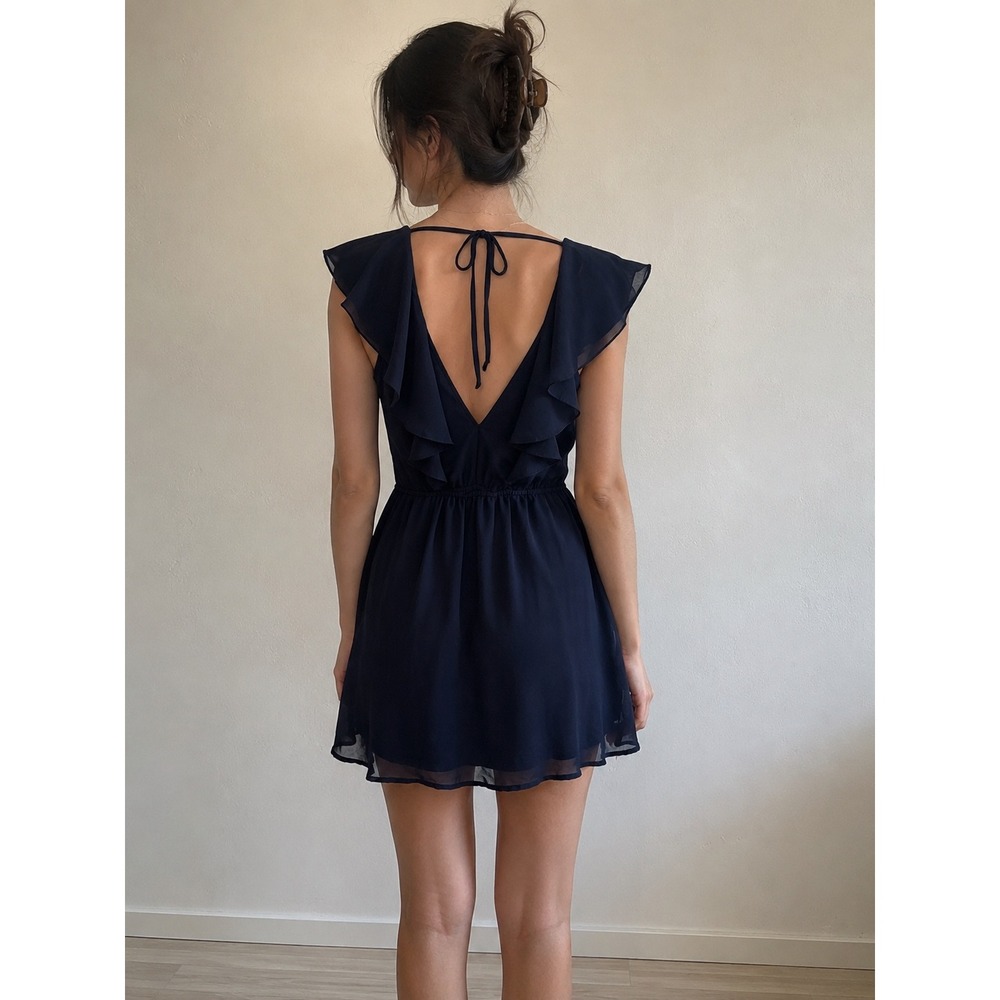 H&M Black Ruffle Mini Dress V-Neck Flutter Sleeve Size 10 Fairy Grunge Gotn